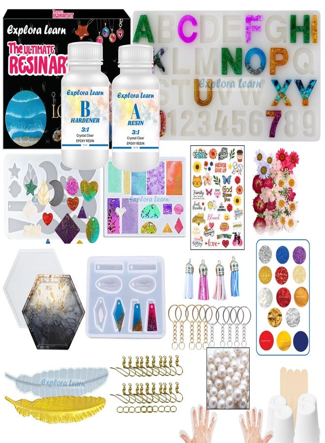 exploralearn 145 Pcs Ultimate Resin Art Kit with 200g Epoxy Resin - DIY Alphabet, Jewelry, Keychains, Coasters & Bookmarks - Includes Dried Flowers, Stickers, Glitters & More - Image 1